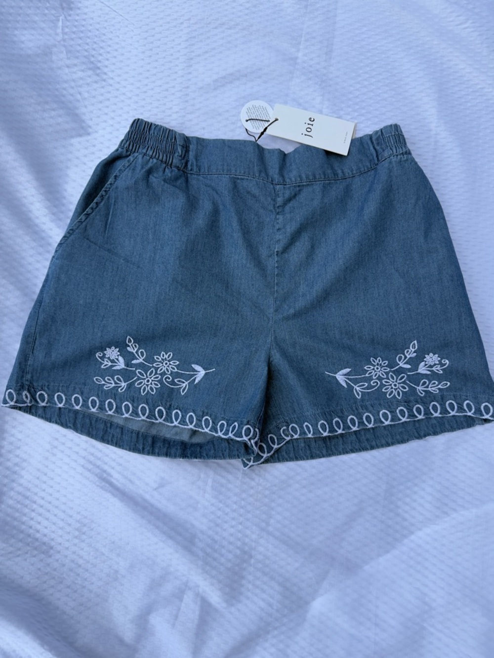 Joie Blue Lightweight Denim short with White Floral Embroidery